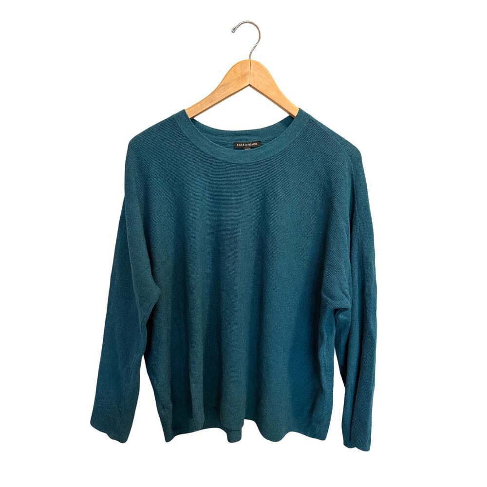 Eileen Fisher Women’s Linen Crepe Stretch Crew Neck Top Size L Teal Long Sleeve - Picture 4 of 7